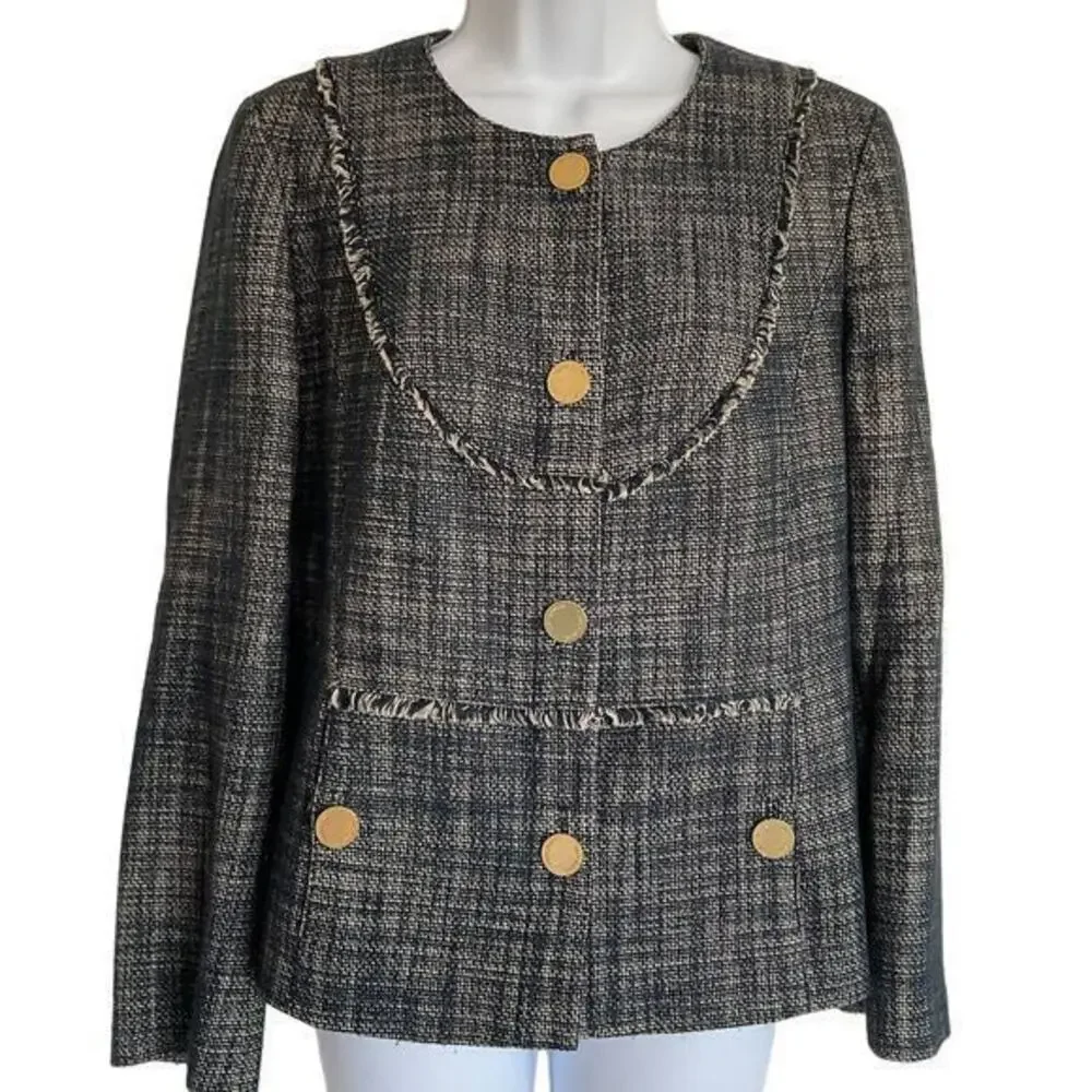 TORY BURCH Blue White Heathered Tweed Blazer‎ Jacket Size 10